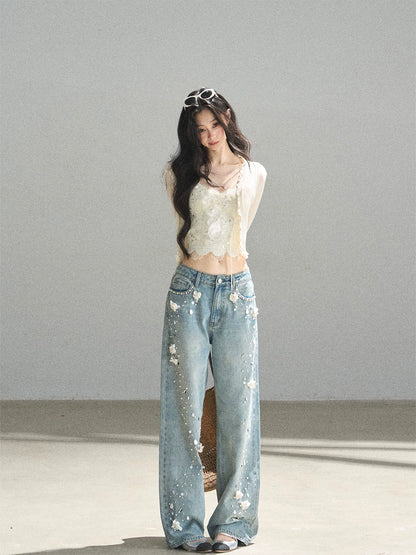 "Waiting for the Breeze" Apricot Lace Knit Cardigan & Cami Set