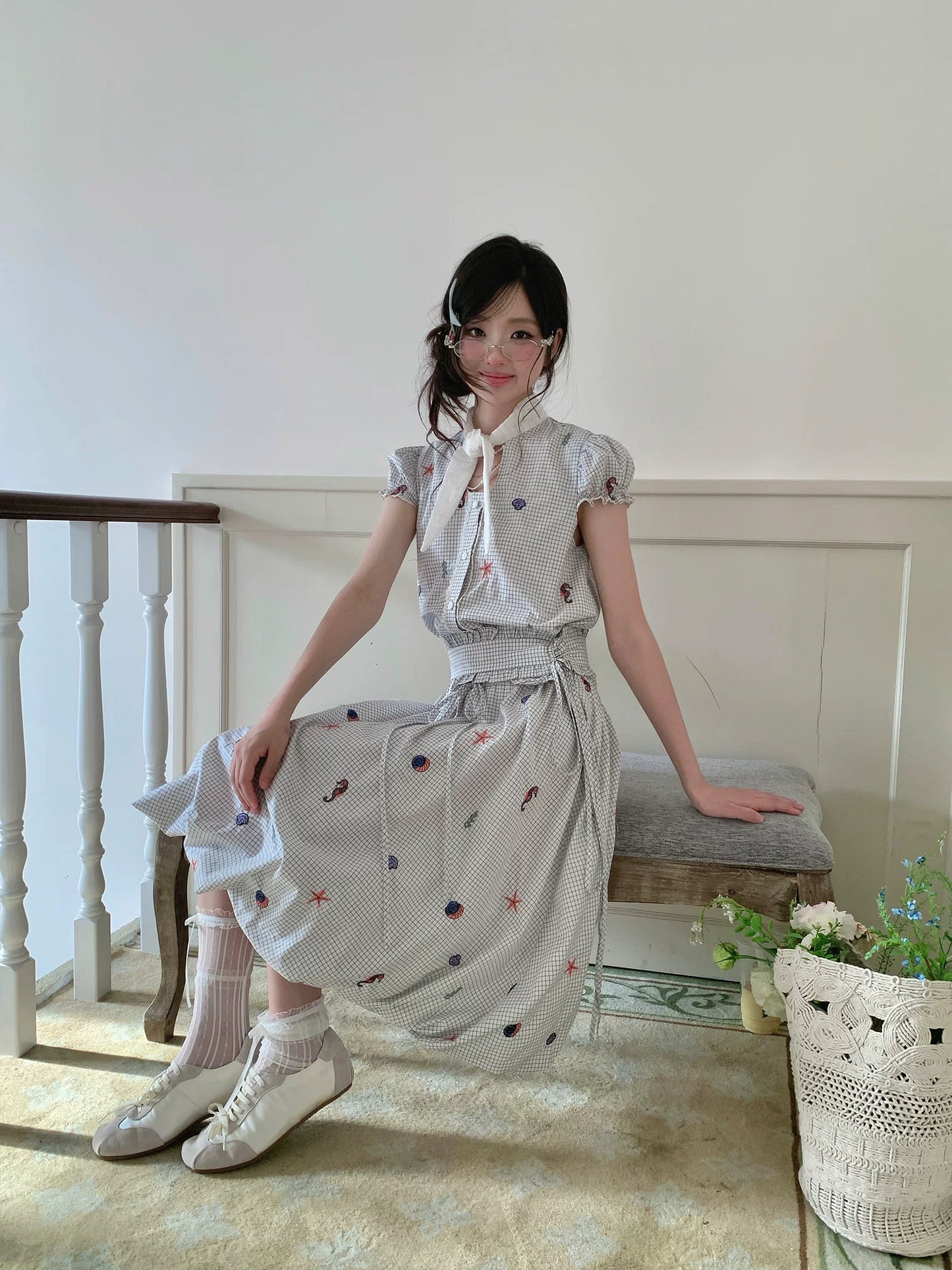 “Seaside Plaid Isle” Ocean Plaid Bubble Hem Dress
