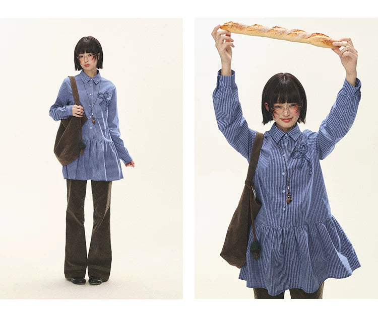 "Holiday Blues" Blue Plaid Bow Shirt Mini Dress