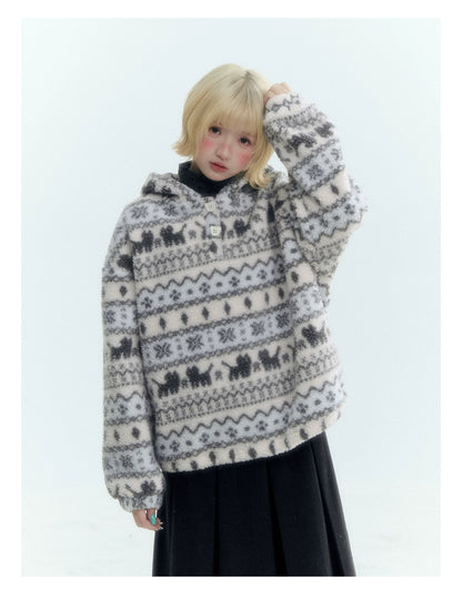 Horridale - Pink Fair Isle Cat Sherpa Fleece Hoodie with Bunny Ears
