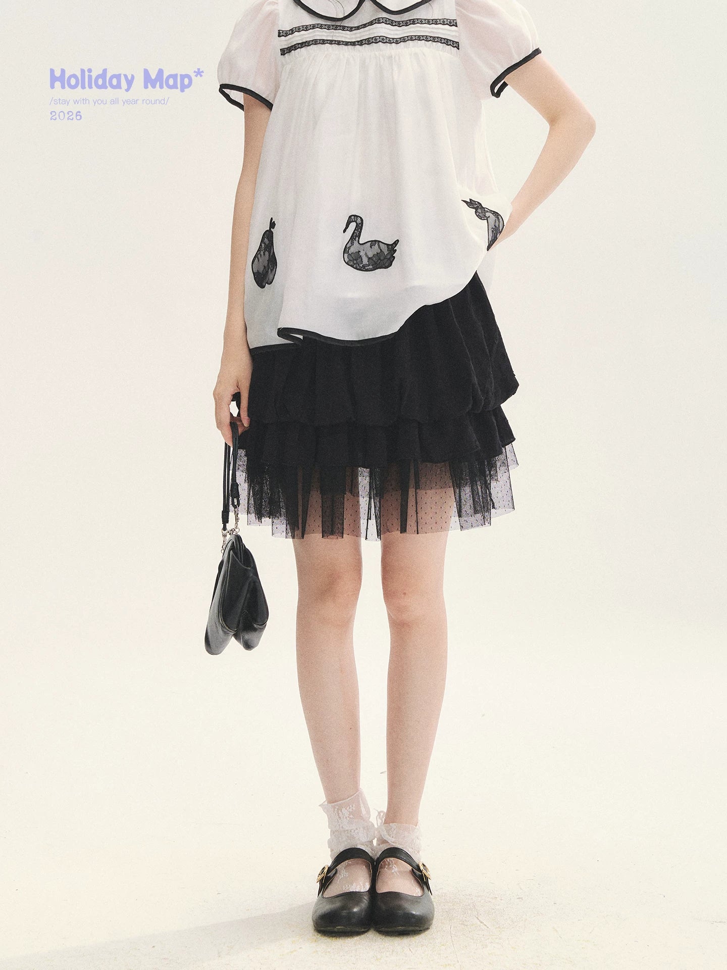 "Black & White Sonata" Polka Dot Mesh Tiered Jellyfish Skirt (White/ Black)