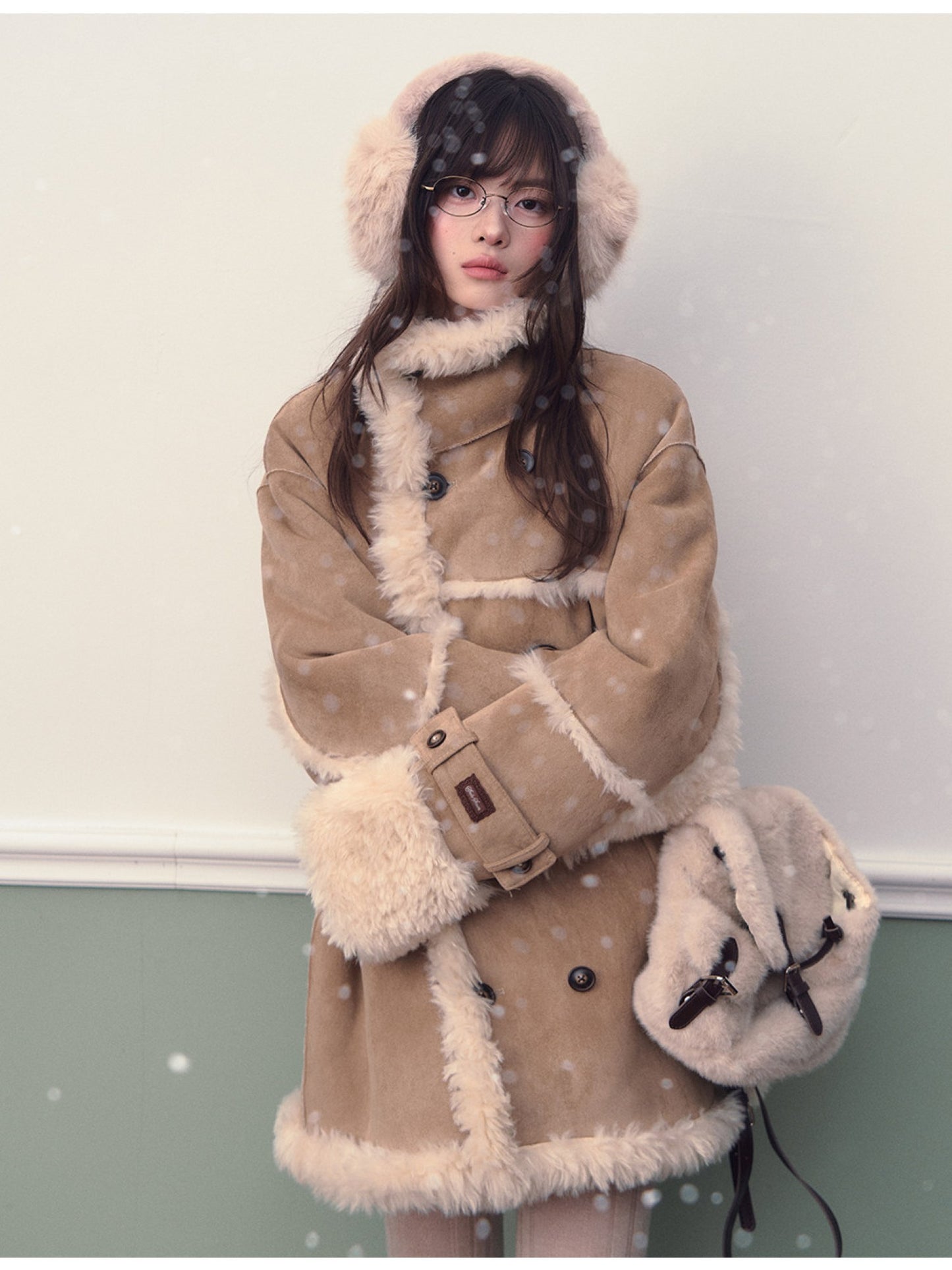 Soote Season - Oversized Korean-Style Faux Suede Shearling Collar Mid-Length Coat - Camel Brown