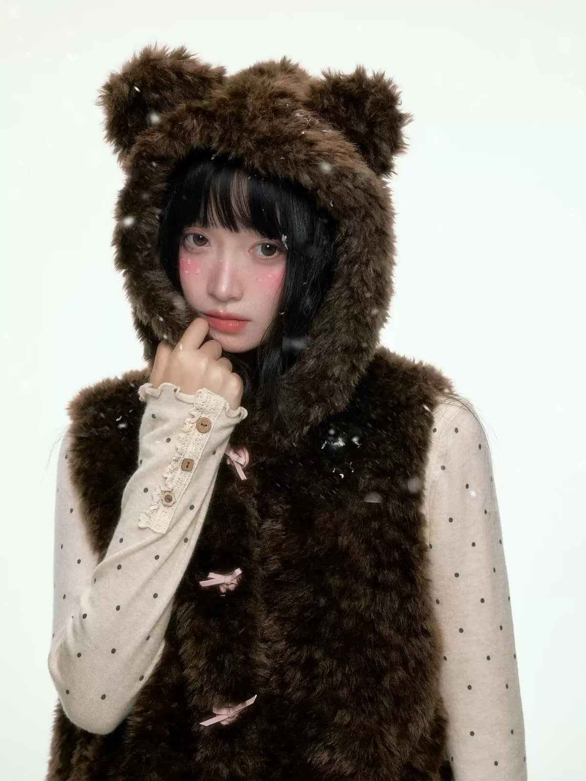 BIBIBENCY - Brown Faux Fur Hooded Vest with Toggle Closures