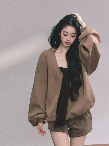 少也眼 Three-Piece Casual Hoodie Set – Loungewear Outfit in Khaki