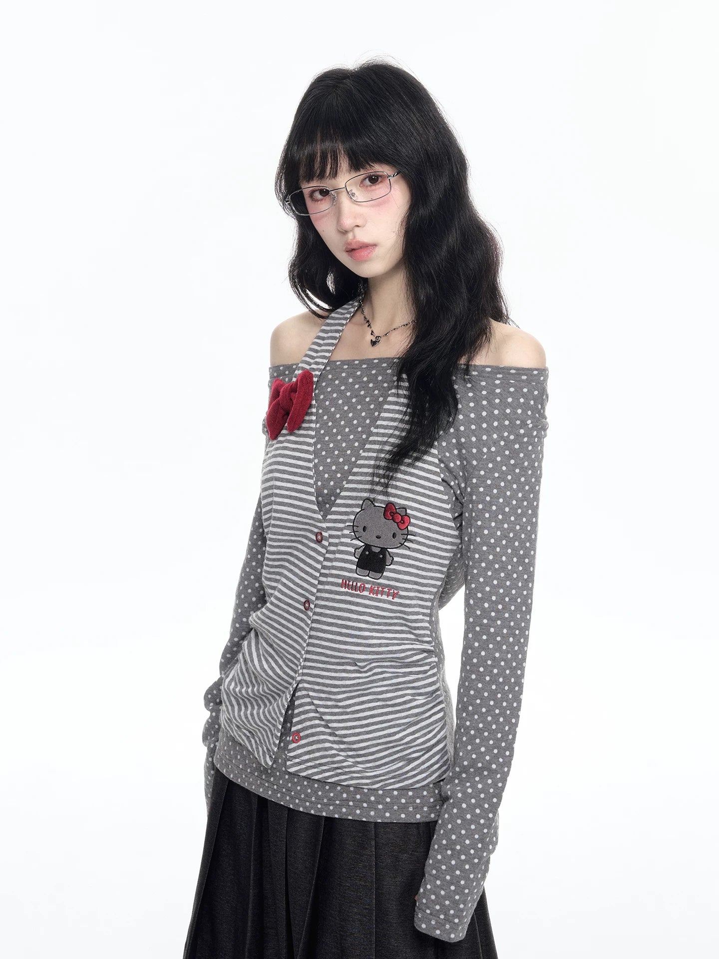 170726K "Midnight Polka" Gray Layered Long Sleeve Collection (Cold Shoulder Top / Fake Two-Piece Skirt Pants)