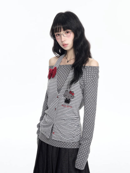 170726K "Midnight Polka" Gray Layered Long Sleeve Collection (Cold Shoulder Top / Fake Two-Piece Skirt Pants)