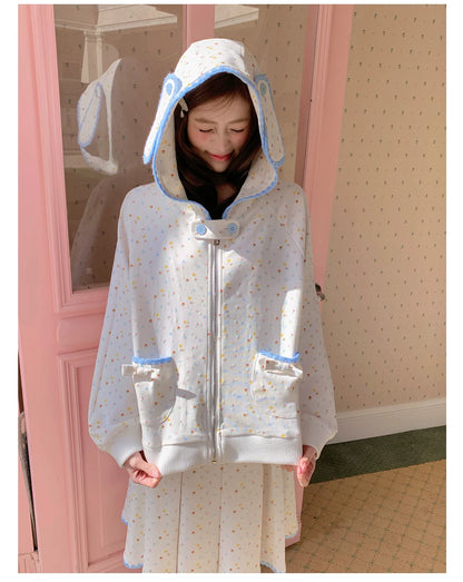 “Snow Bunny Reverie” Ivory Rabbit Ear Hoodie & Floral Pleated Mini Skirt