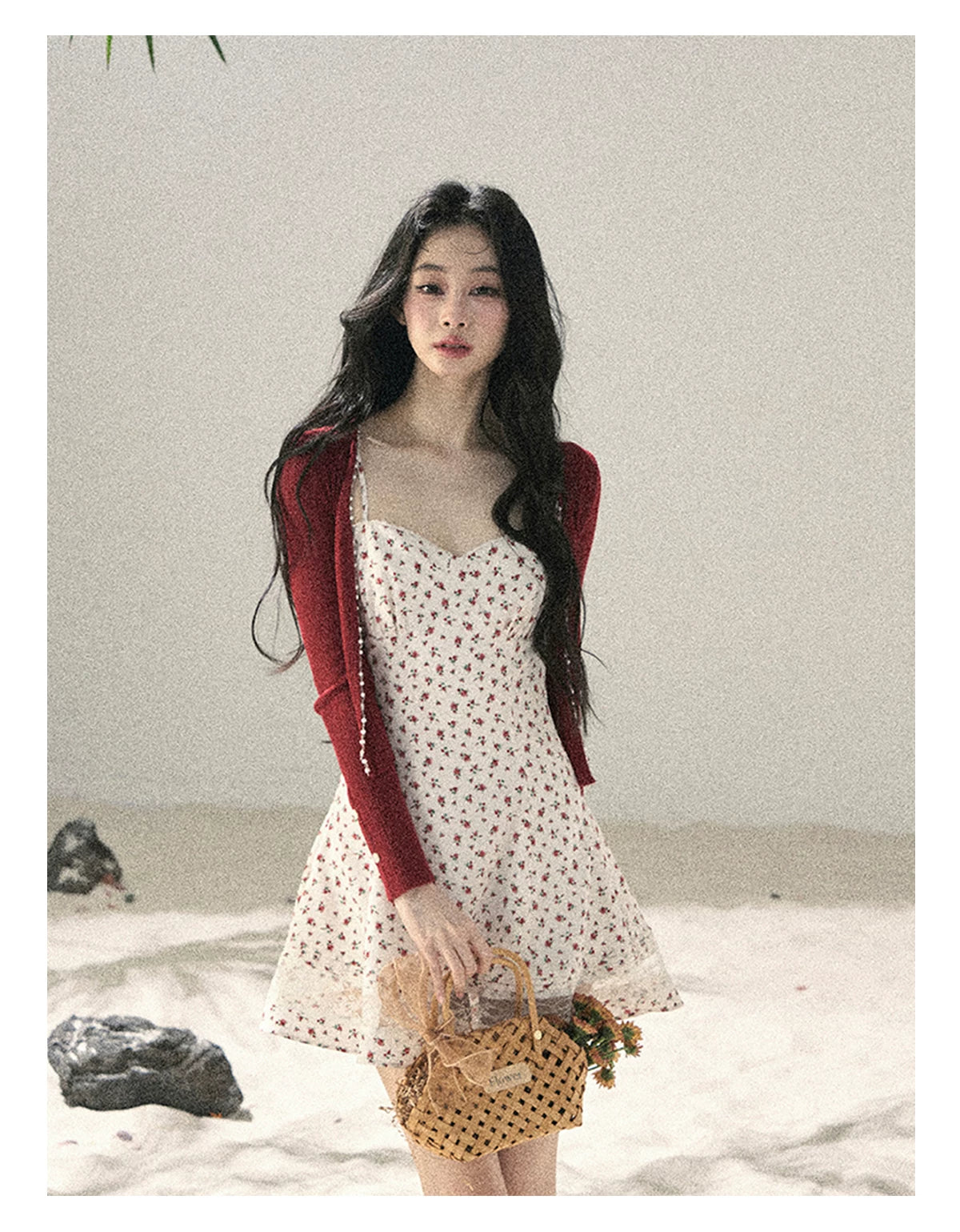 "Blooming Rose Reverie" Cloud White Floral Lace Mini Dress & Burgundy Wine Cardigan 56483