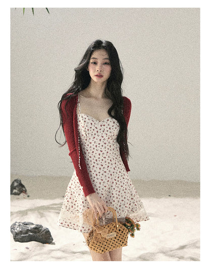 "Blooming Rose Reverie" Cloud White Floral Lace Mini Dress & Burgundy Wine Cardigan 56483