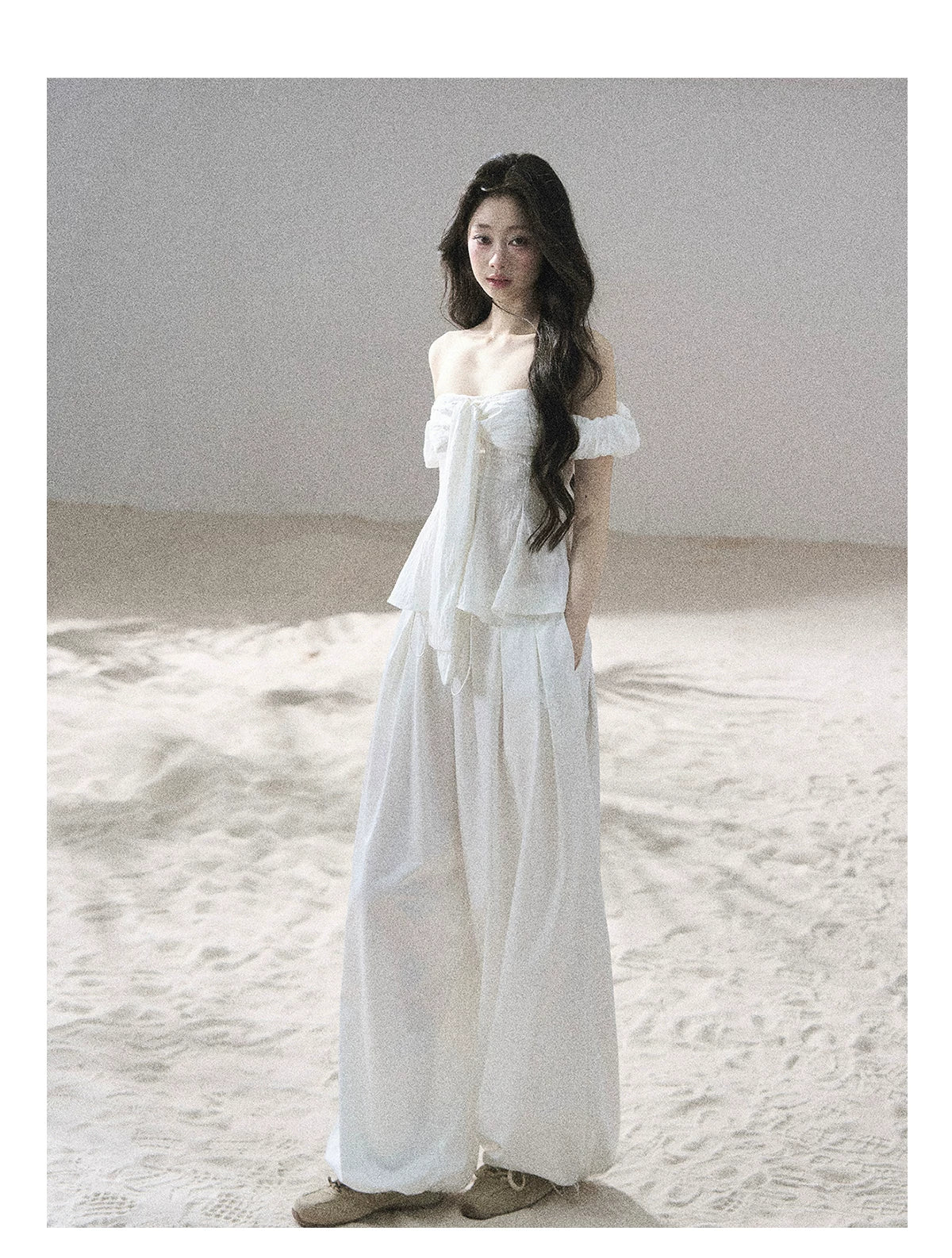 "Lazy Soliloquy" White Peplum Top & Wide-Leg Pants Set