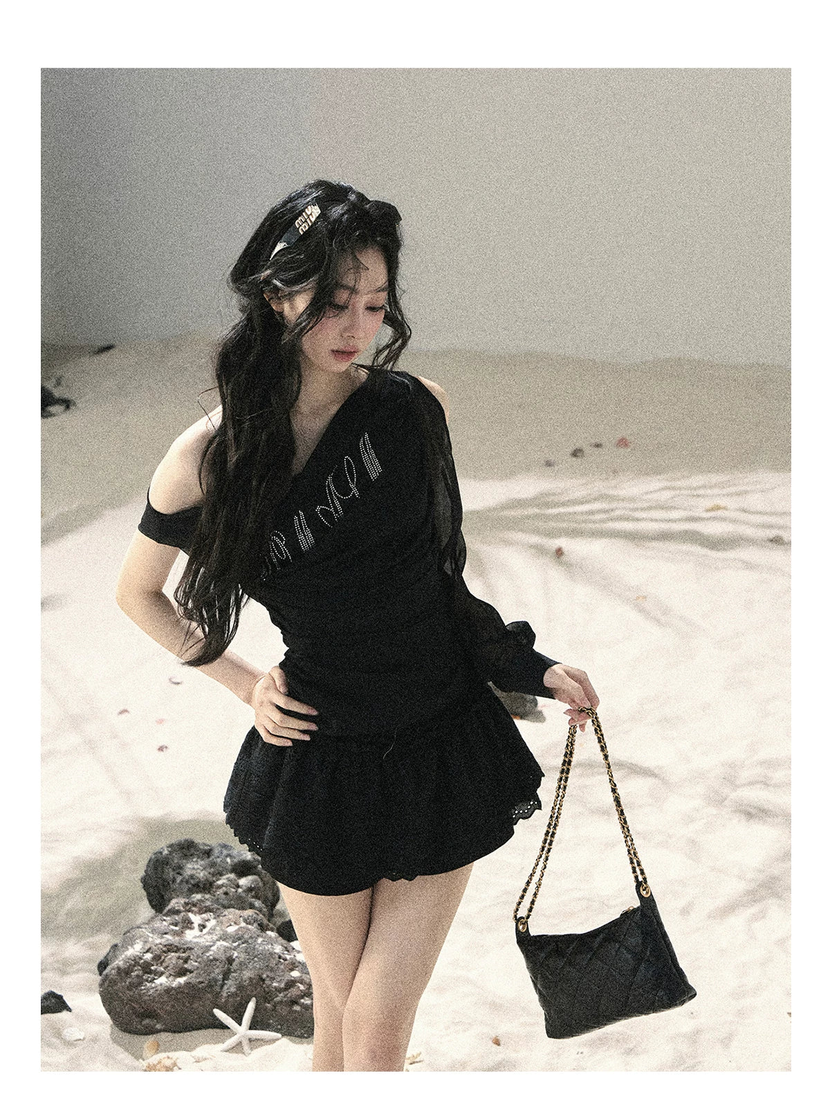 "Scattered Starlight" Midnight Black Off-Shoulder Mesh Waist-Cinched Top