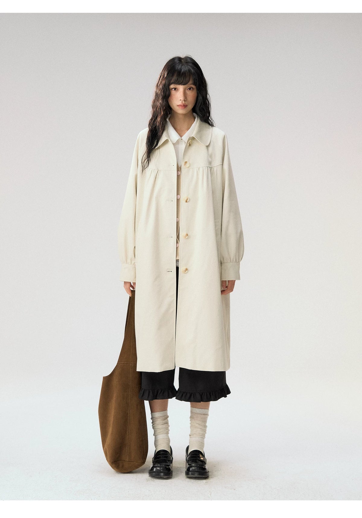 [CAN] “Oat Check Collar” Apricot Bow Cape Collar Trench Coat