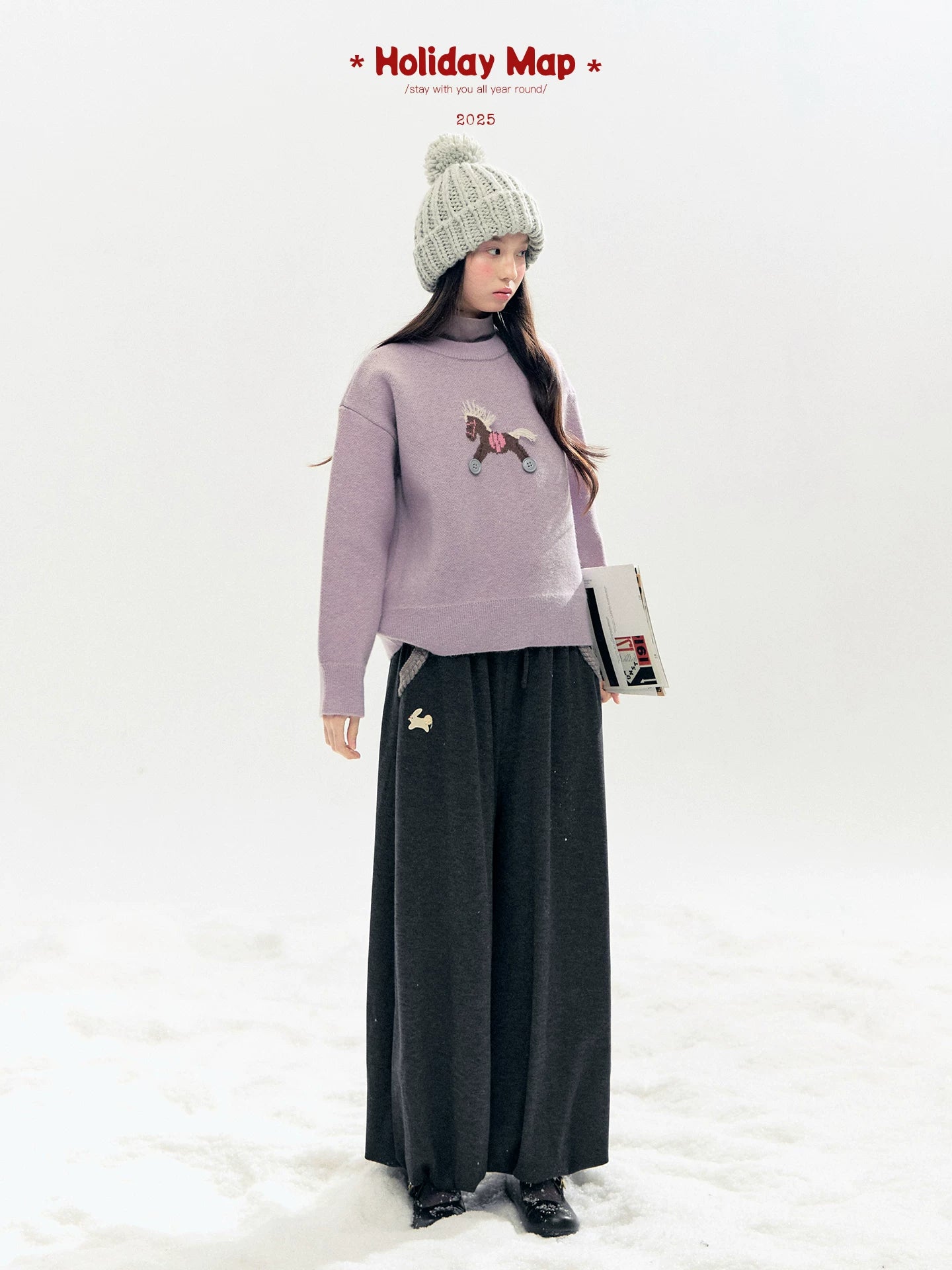 "Bunny Tea Party" Fleece-Lined Balloon Wide-Leg Pants (Hazelnut Brown/ Midnight Gray)