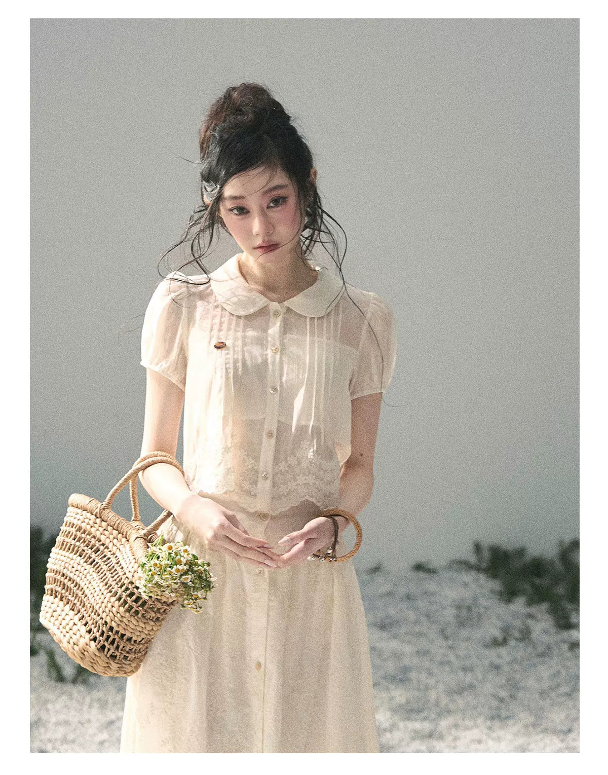 "Apricot Blossom After Rain" Dutch Cheese Lace Blouse & Maxi Skirt Set 532453