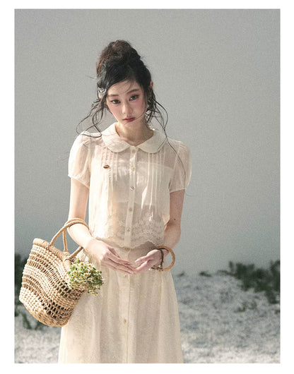 "Apricot Blossom After Rain" Dutch Cheese Lace Blouse & Maxi Skirt Set 532453