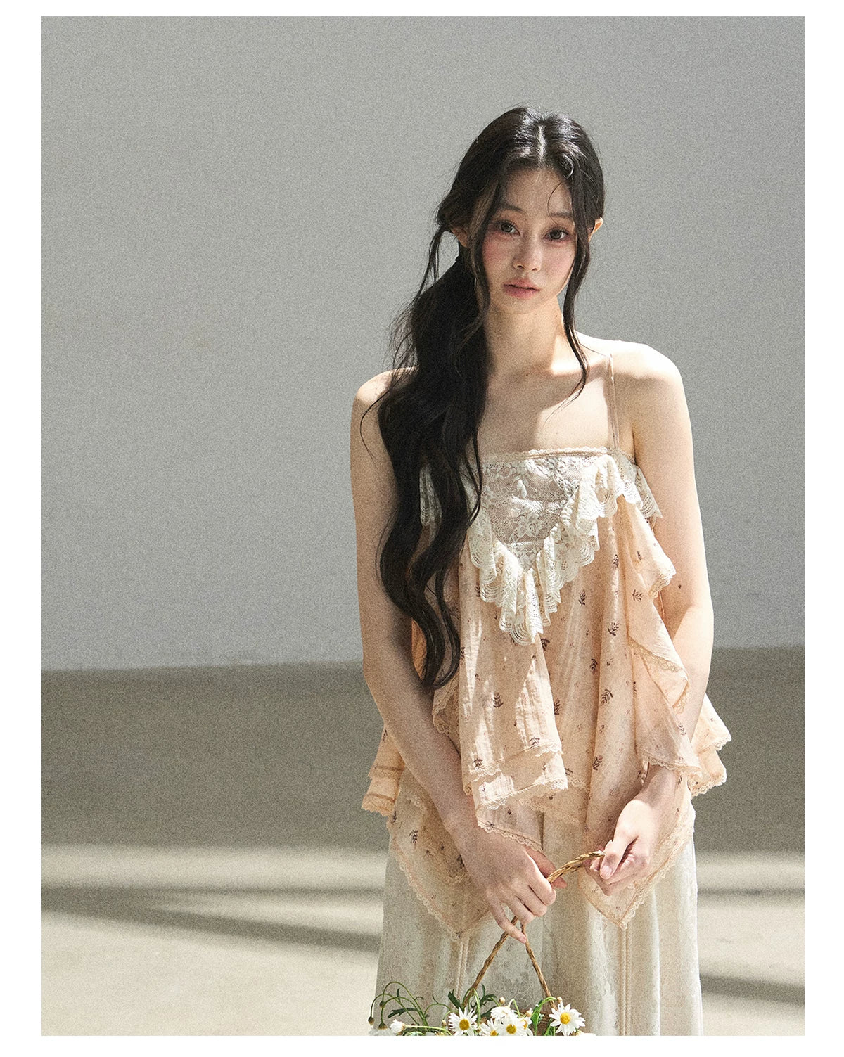 "Orange-Scented Dusk" Toasted Rice Beige Asymmetrical Lace Cami