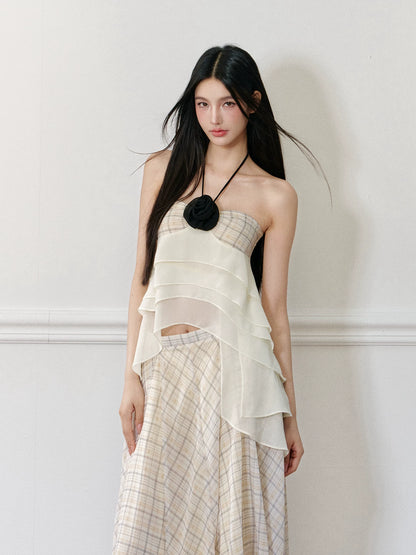 "Rose by the Sea" Rose Halter Top & Asymmetrical Plaid Maxi Skirt Set