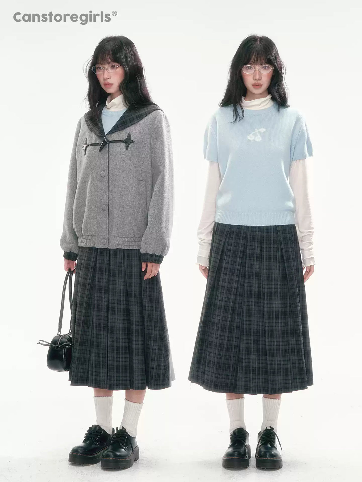[CAN] Navy Plaid Pleated A-Line Midi Skirt