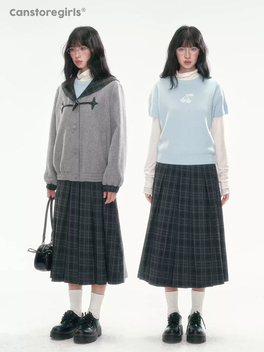 [CAN] Navy Plaid Pleated A-Line Midi Skirt