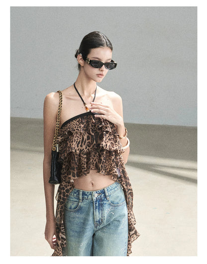 "Chasing the Sunset" Chestnut Brown Leopard Halter Ruffle Crop Top