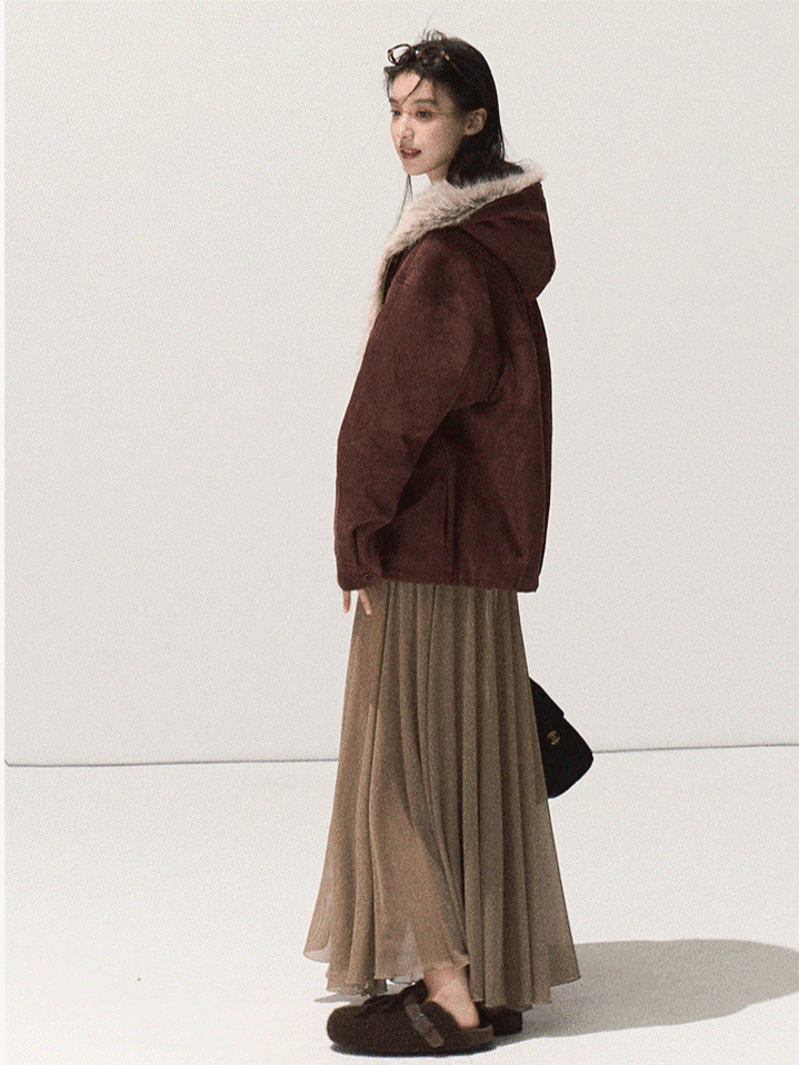 OAKMOO/ Burgundy Red Faux Suede Hooded Jacket with Ombre Faux Fur