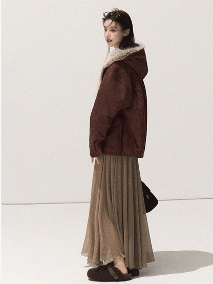 OAKMOO/ Burgundy Red Faux Suede Hooded Jacket with Ombre Faux Fur