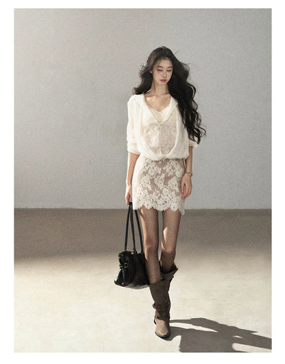 AOMALM - Cream Lace Mini Dress with Scalloped V-Neck (With Inner Bra)