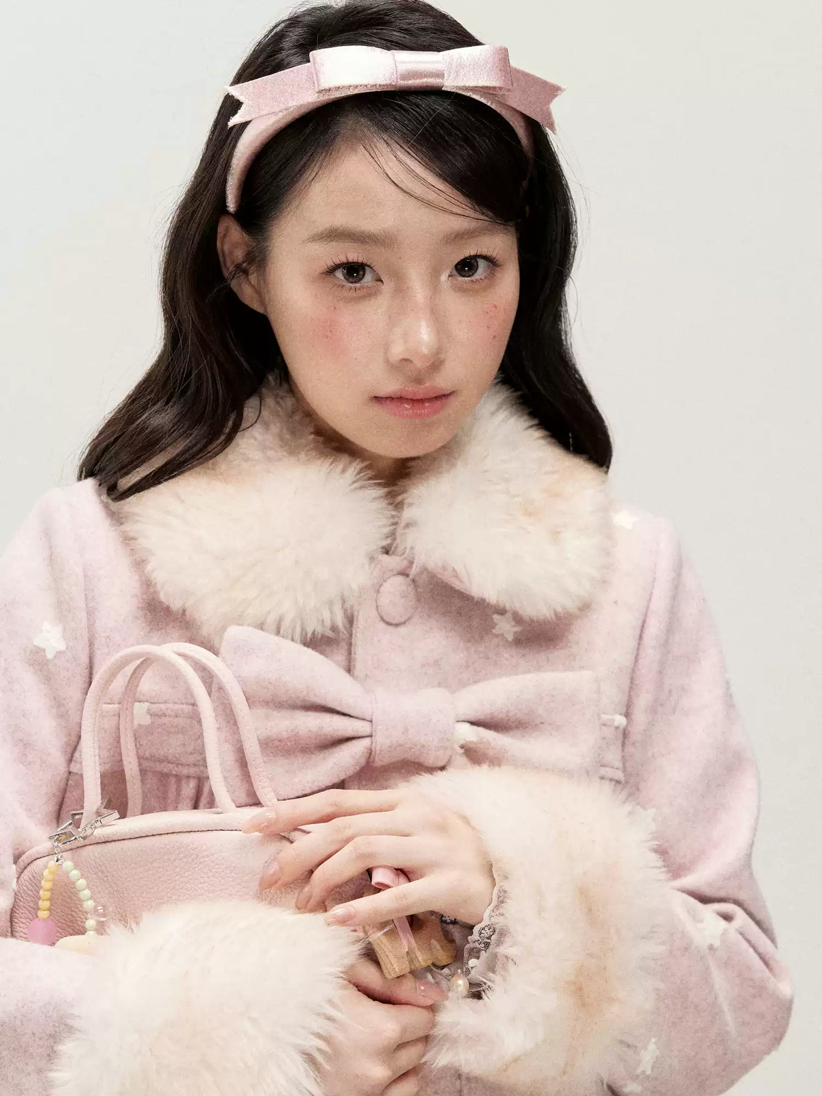 RF - Peach Pink Ombre Faux Fur Collar Wool-Look Jacket with Star Embroidery