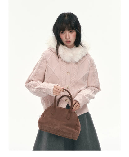 [CAN] Cable Knit Hooded Cardigan (Navy / Dusty Pink)