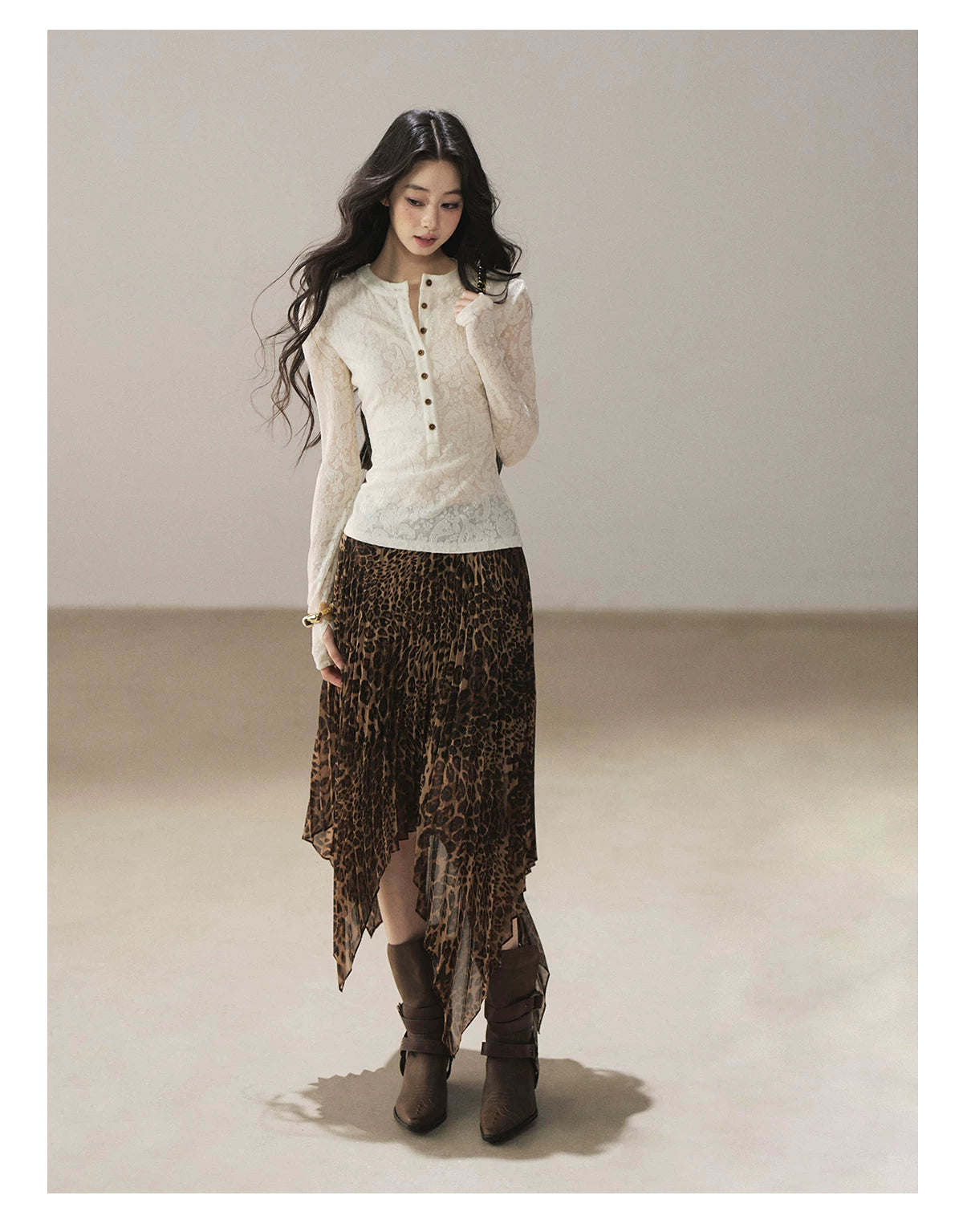 AOMALM - “Cocoa Leopard” Pleated Asymmetric Midi Skirt