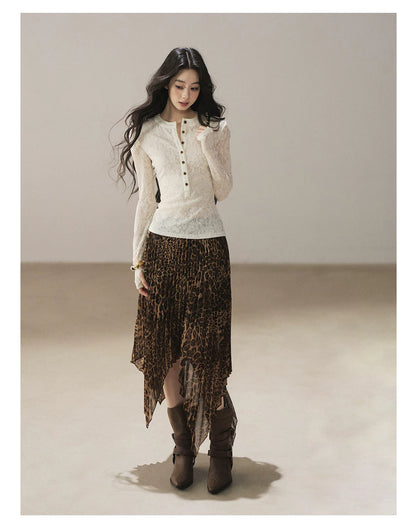 AOMALM - “Cocoa Leopard” Pleated Asymmetric Midi Skirt