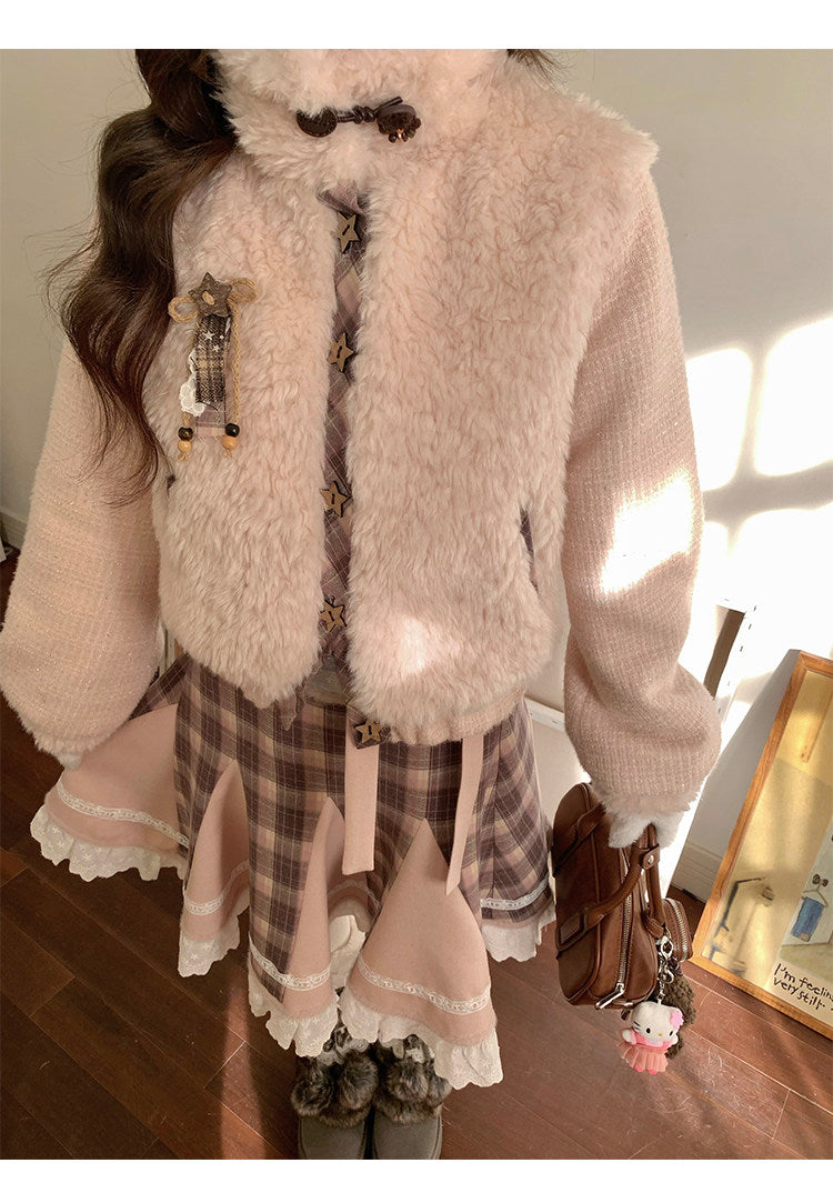 阮阮自制 - Love String Pink Plaid Wool Jacket & Mini Skirt Set