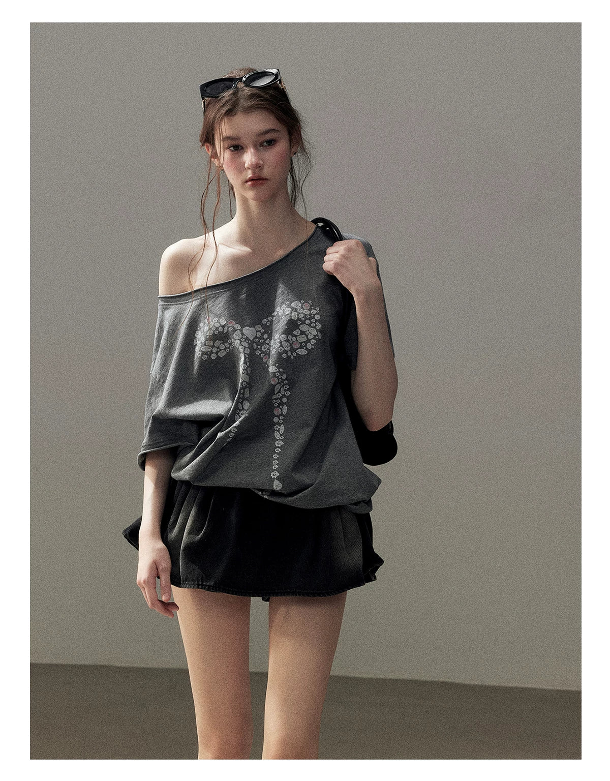"Muted Shades of Gray" Silver Mouse Gray Off-Shoulder Tee