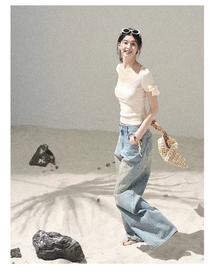 "Gentle Ocean Tide" Dutch Cream Cutout Knit Crop Top 75511