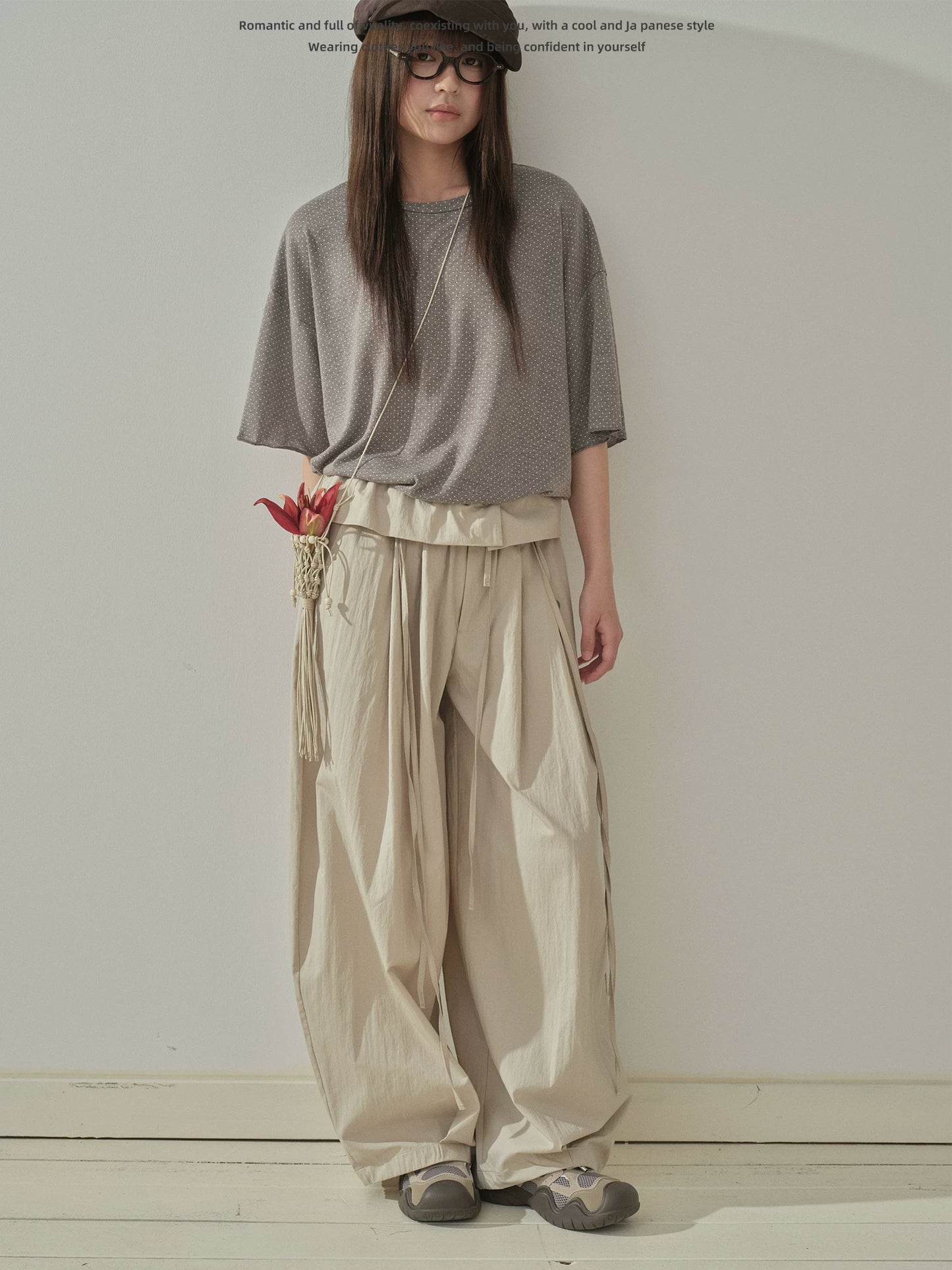 "Quiet Flow" Wide Leg Trousers (Khaki / Charcoal Gray)