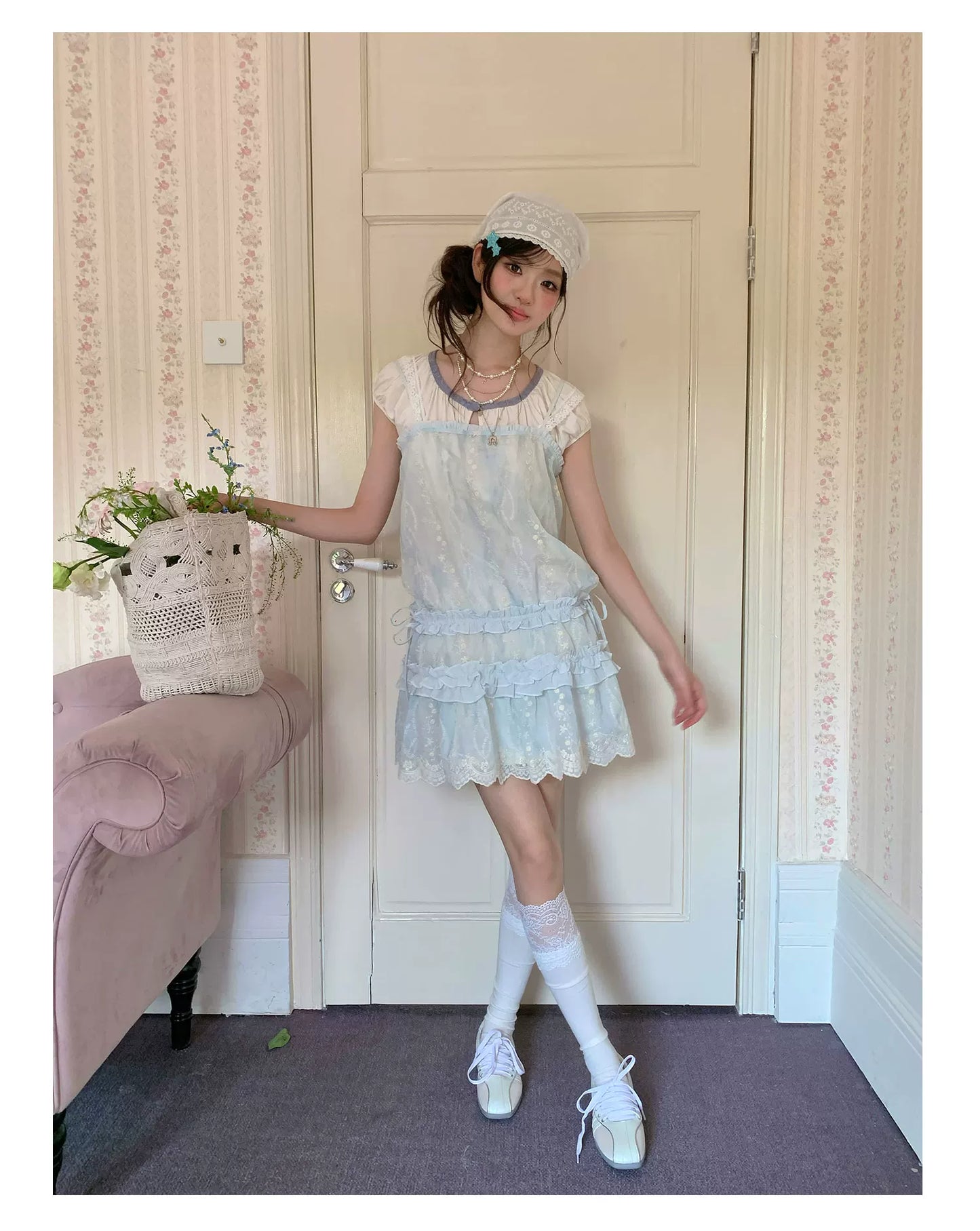 “Summer Dreamloom” Blue Lace Tiered Dress Set (Inner Top + Slip Dress)