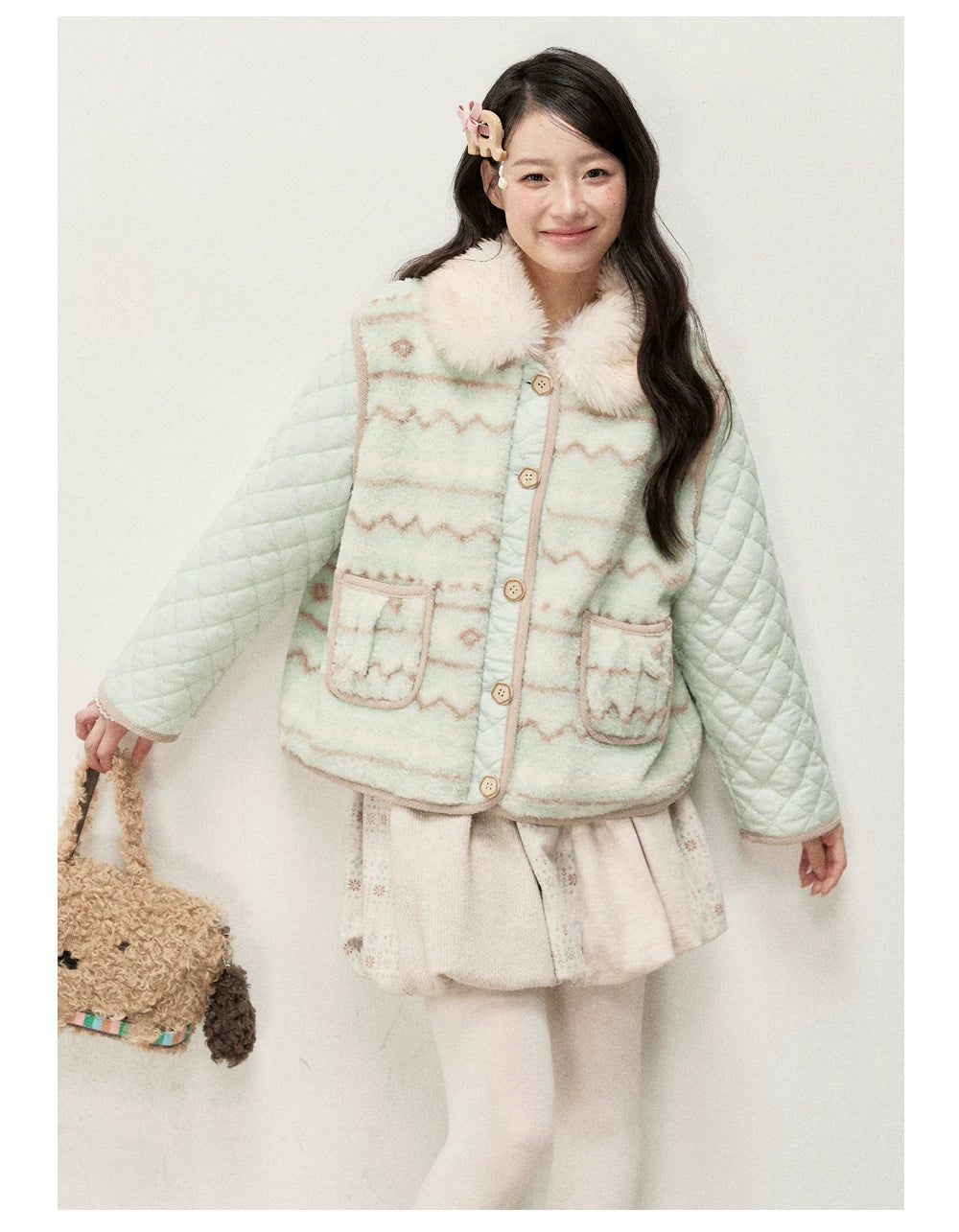 RF - Mint Green and Light Brown Fair Isle Quilted Faux Fur Vest Jacket