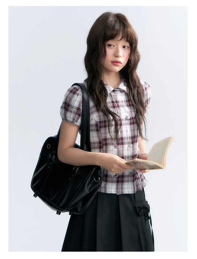 "Violet Mist Bow" Purple Brown Plaid Blouse