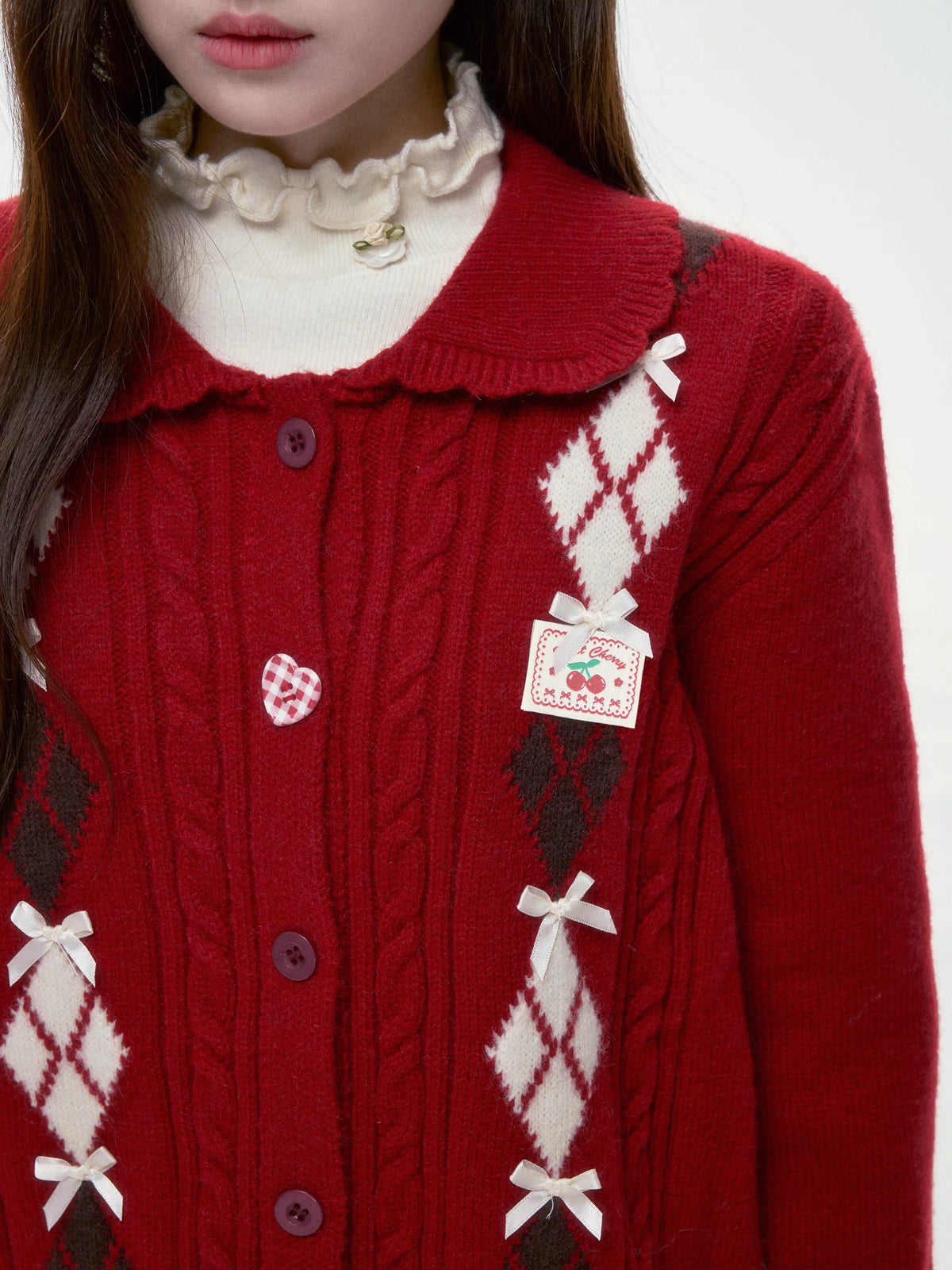 BIBIBENCY - Red Argyle Knit Cardigan with Bow Details