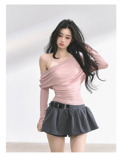 少也眼 "Soft Whisper" Korean Asymmetric Dual-Layer Off-Shoulder Top - Pink