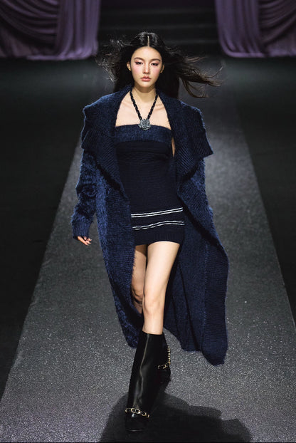 "Midnight Bloom" Navy Hand-Crochet Floral Contrast Knit Dress & Oversized Shawl Collar Knit Cardigan Set