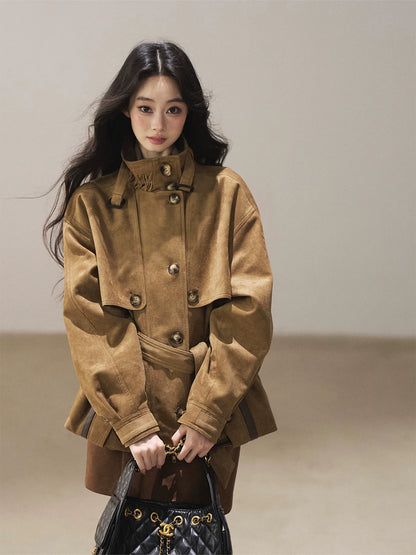 AOMALM - Chestnut Brown Faux-Suede Cropped Utility Coat with Belt
