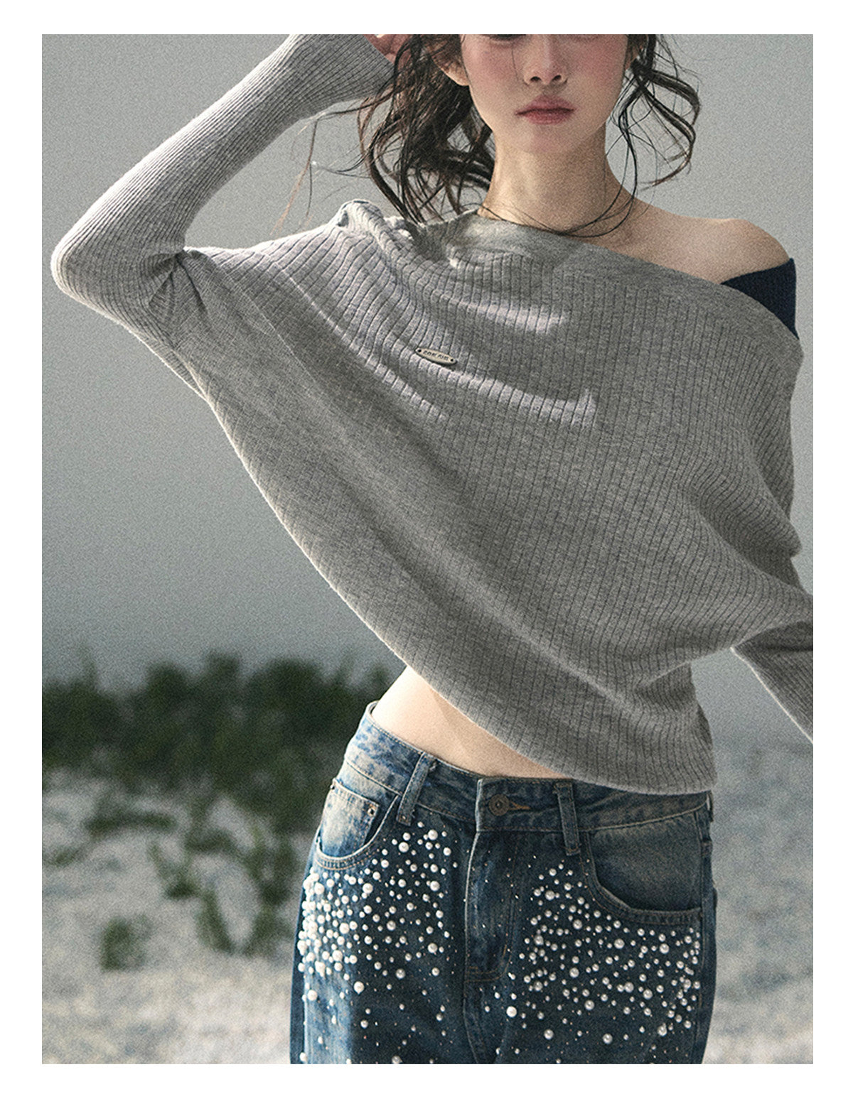 “Ashes of Yesterday” Mist Gray Off-Shoulder Layered Knit Top