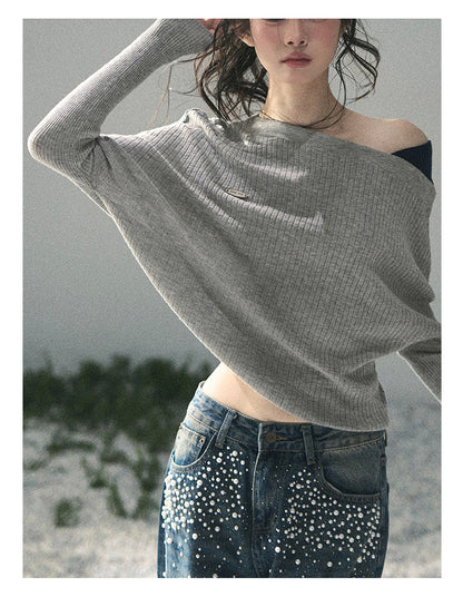 “Ashes of Yesterday” Mist Gray Off-Shoulder Layered Knit Top