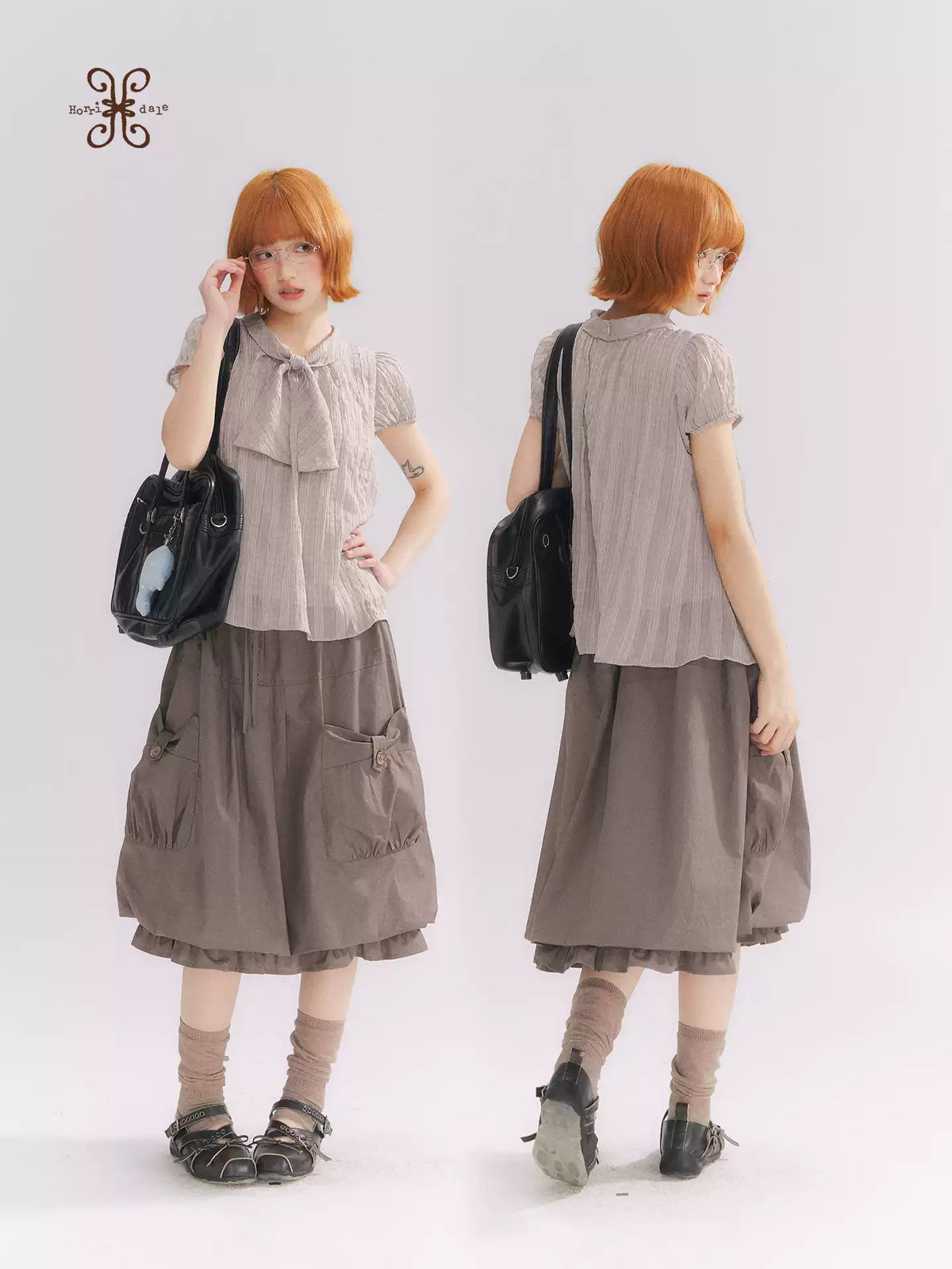 “Formatted Memories” Gray Plaid Textured Bow Tie Puff Sleeve Blouse