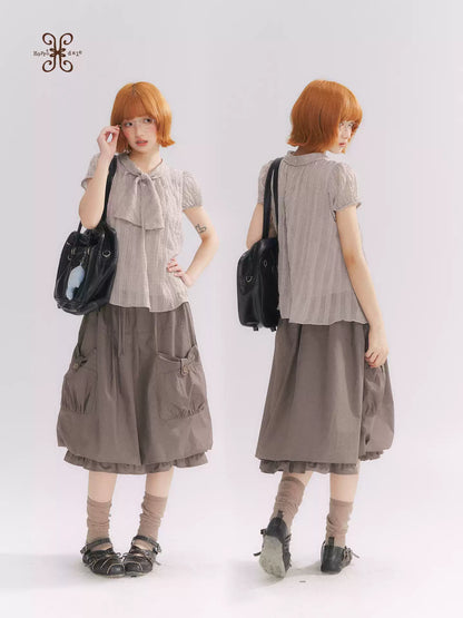 “Formatted Memories” Gray Plaid Textured Bow Tie Puff Sleeve Blouse