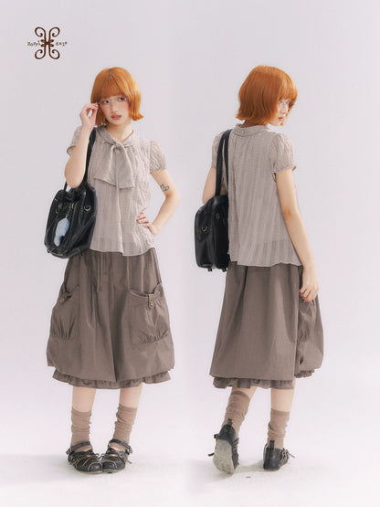 “Sweet & Cool Girl” Taupe Bow Drawstring High-Waist A-Line Cargo Skirt
