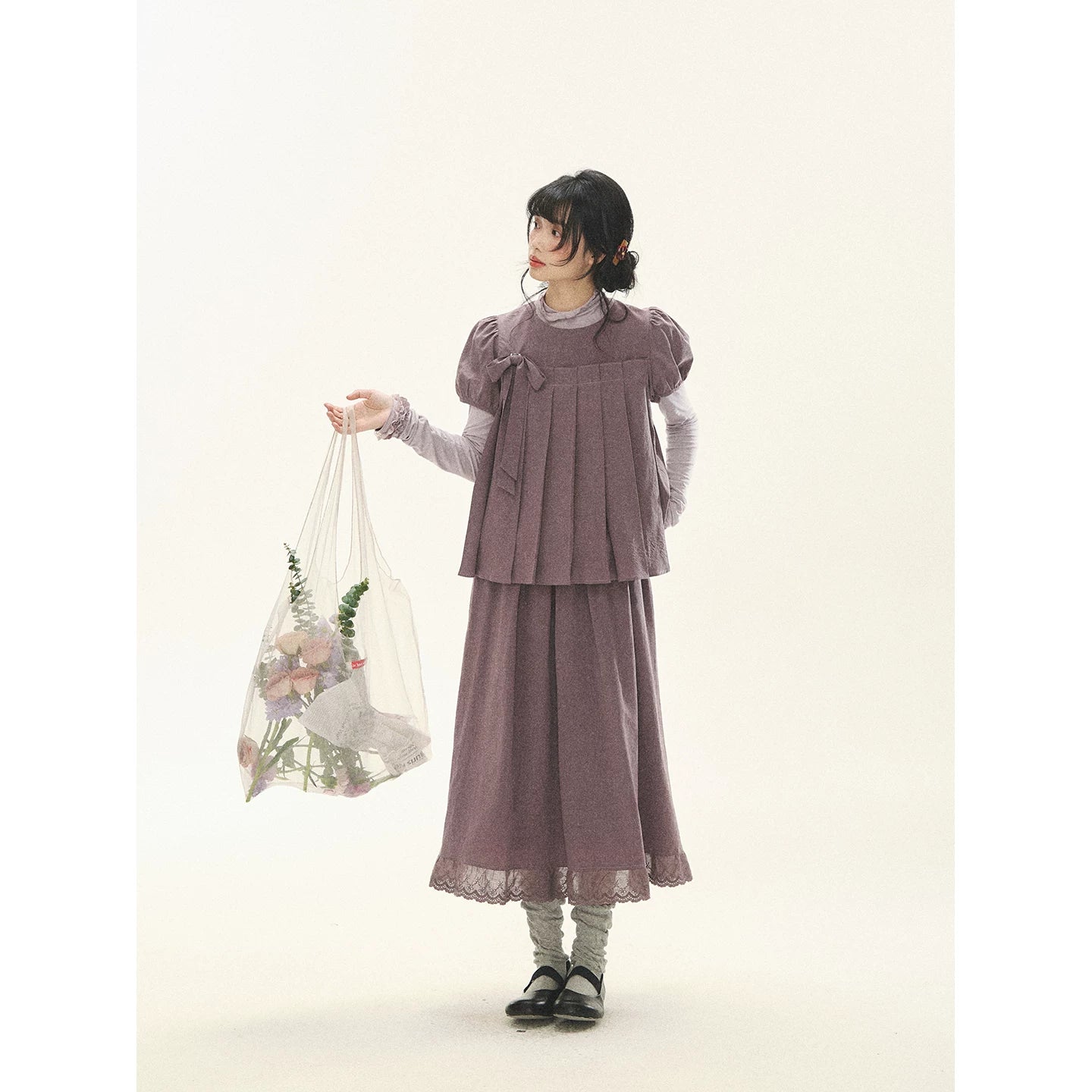 "Whispers Between Pleats" Gray Grape Purple Pleated Top & Maxi Skirt Set