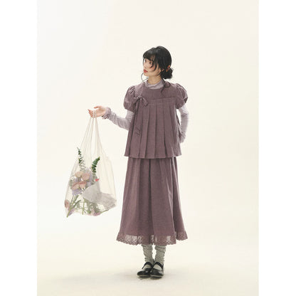"Whispers Between Pleats" Gray Grape Purple Pleated Top & Maxi Skirt Set