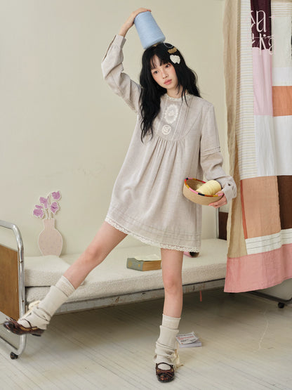 DAILY ARTIST - “Pale Twilight Sequence” Vintage Lace Appliqué Babydoll Dress (Light Brown / Pale Yellow)